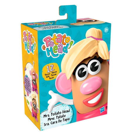Colorful toy box featuring Mrs. Potato Head with large eyes, pink nose, red lips, blonde hair, and one pink ear