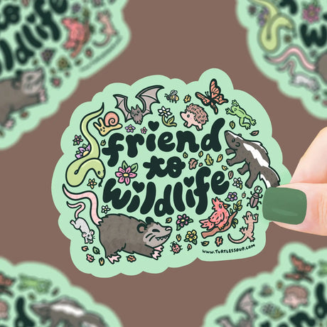 Friend to Wildlife Sticker featuring colorful wildlife illustrations on durable, weatherproof vinyl for outdoor use.