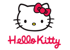 Hello Kitty character face with a pink bow and Hello Kitty lettering