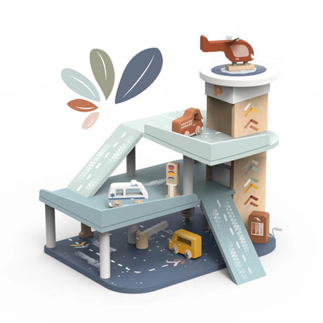 Wooden Garage Playset with ramps, elevator, three cars, helicopter, gas station, and washing station for imaginative play.