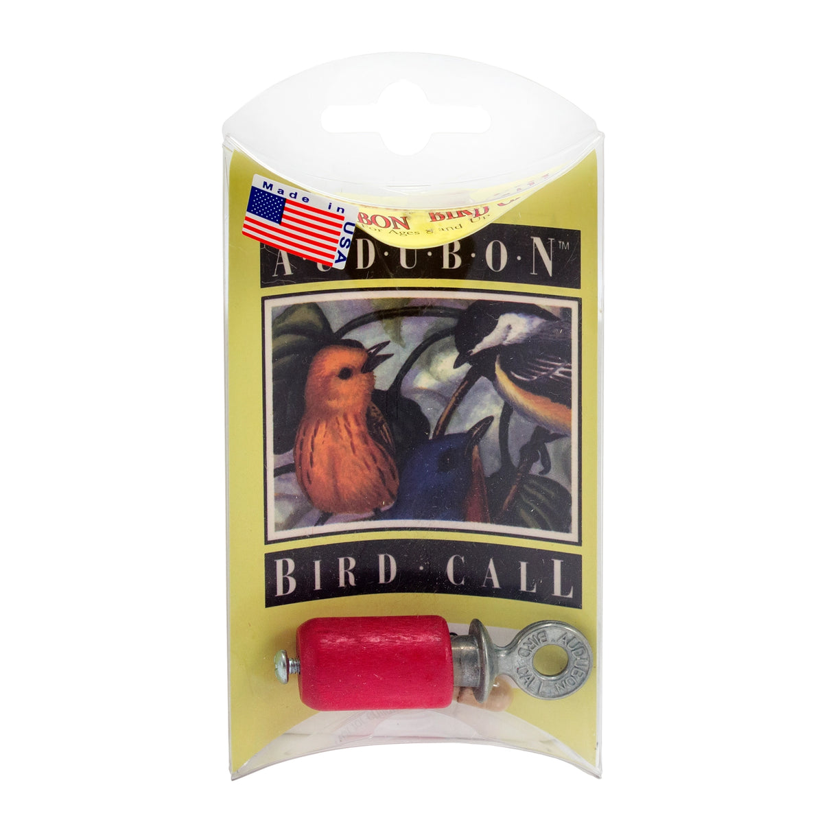 Audubon Bird Call with red wooden handle in clear packaging featuring bird illustration and Made in USA label