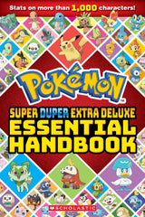 Pokemon Super Duper Extra Deluxe Essential Handbook cover featuring over 1,000 Pokémon stats and colorful illustrations.