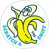 Peeling banana character illustration with smiling face and text Scratch & Sniff in bright colors on white background