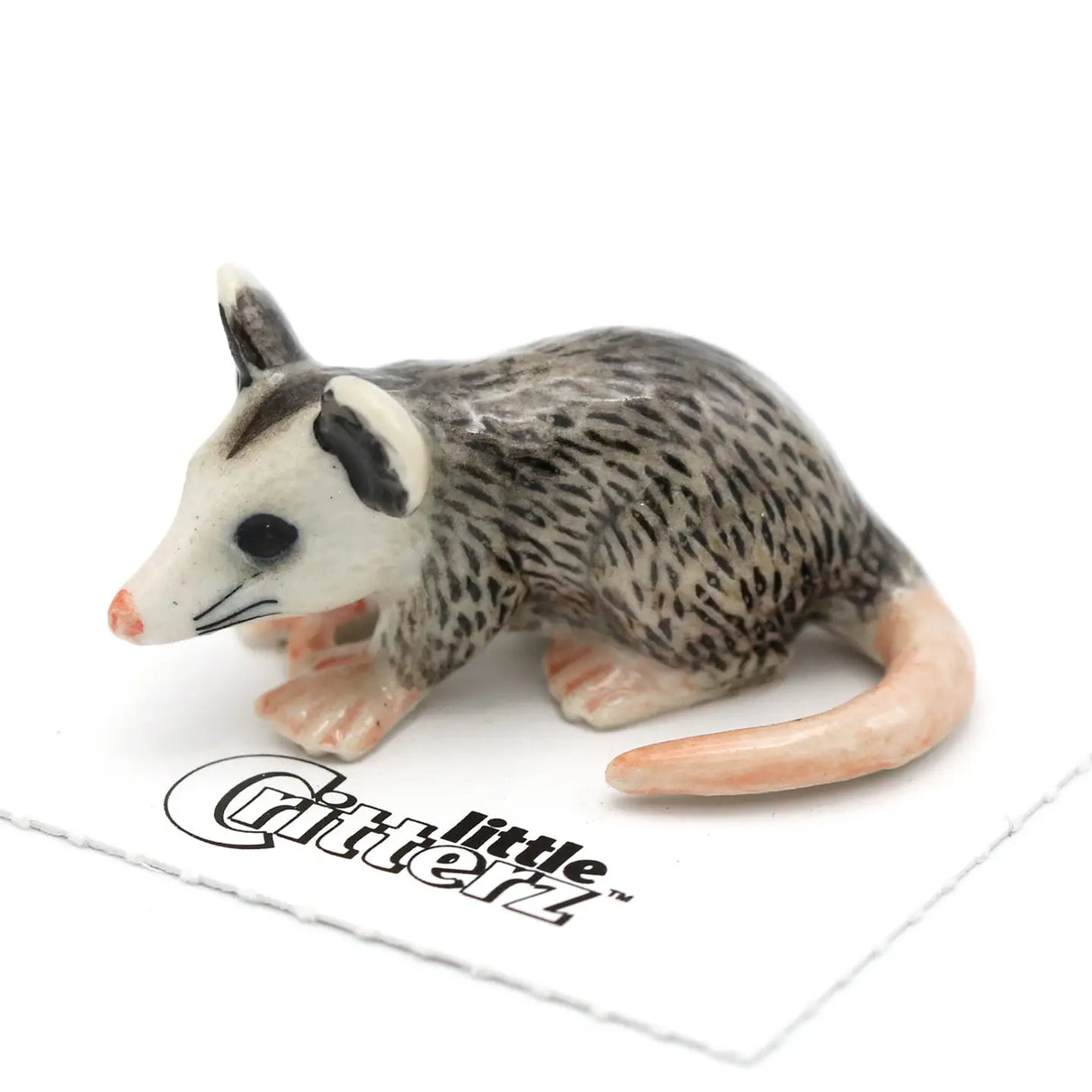 Critterz Thumbs Opossum miniature porcelain figurine with detailed gray and pink coloring on white background.