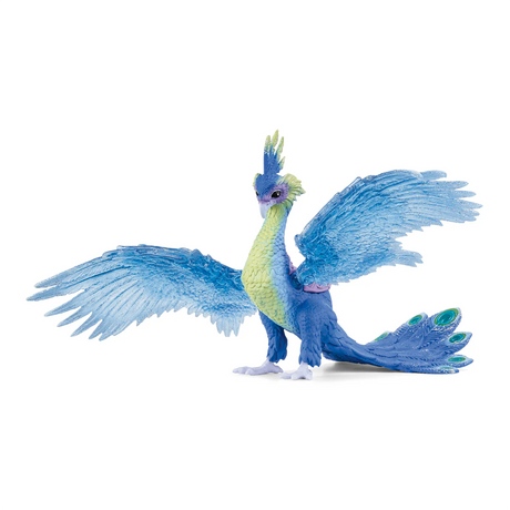 Bayala | Magical Peacock figurine with spread wings and vibrant blue and green colors, standing gracefully on white background.