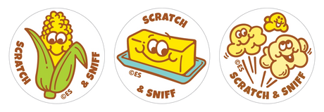 Round stickers featuring cartoon buttered popcorn, butter stick, and popcorn kernels with eyes and smiling faces