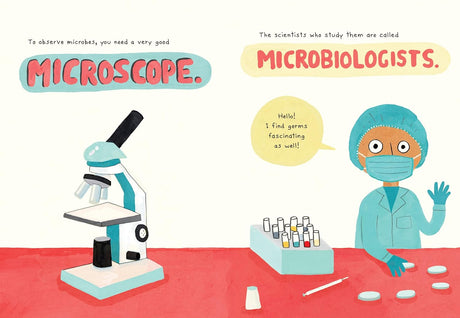 Illustration from Club Microbe showing a microscope and a friendly microbiologist studying germs in a colorful cartoon style.