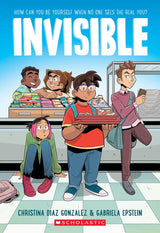 Cover of Invisible showing five diverse kids in a school cafeteria reflecting middle school challenges and friendship.