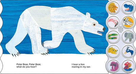 Polar Bear, Polar Bear, What Do You Hear? board book page with polar bear illustration and sound buttons.