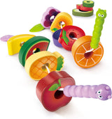 Colorful wooden fruit pieces threaded on a green and purple caterpillar toy for fun and learning playtime