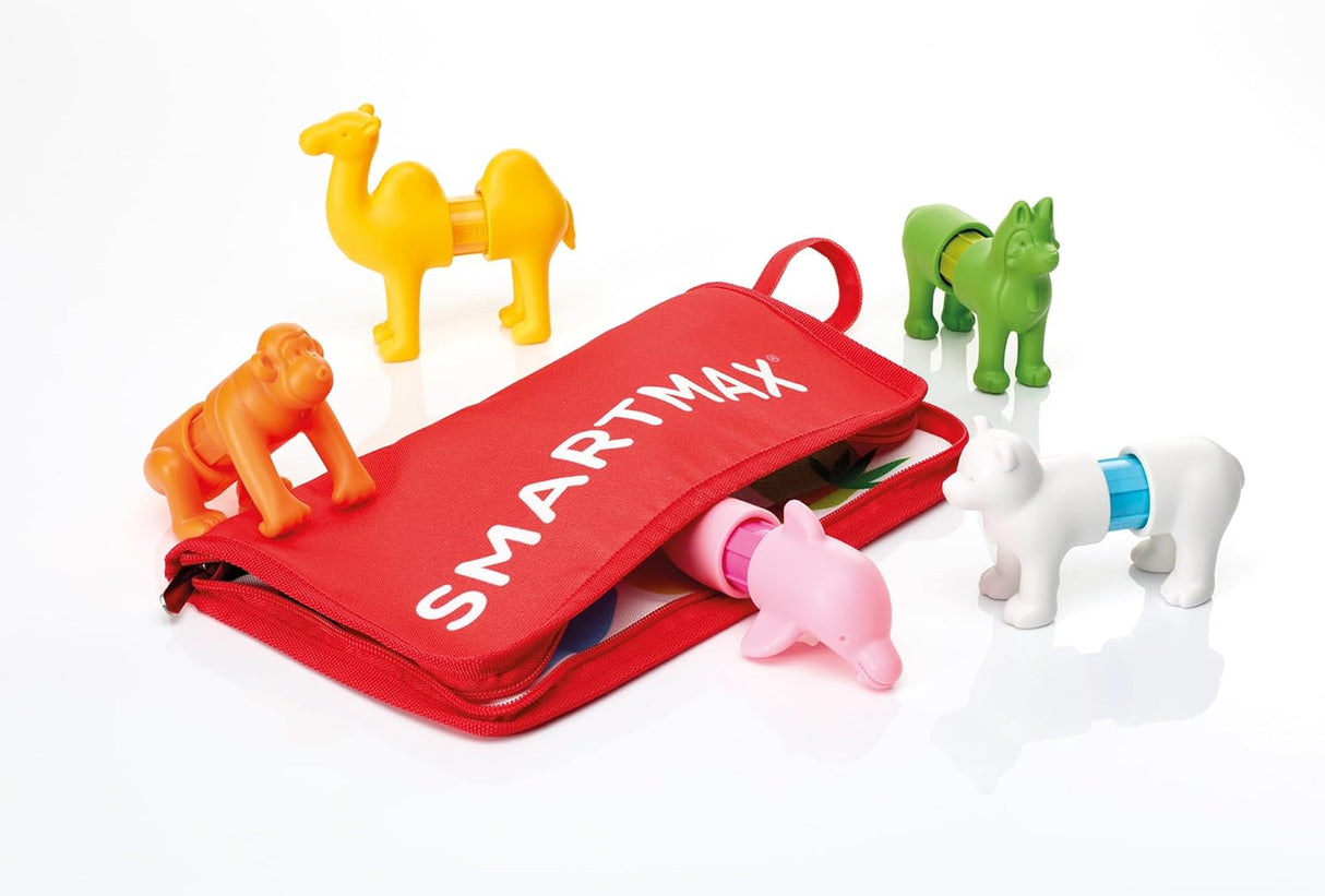 Colorful magnetic animal figures around a red SmartMax pouch designed for toddlers aged 1 to 5 years old.