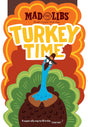 Colorful Mad Libs Turkey Time cover featuring a cartoon turkey with glasses and a pilgrim hat for Thanksgiving fun.