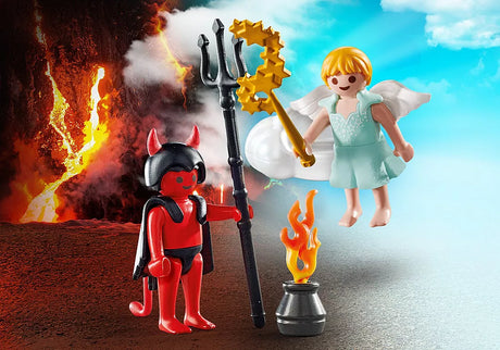 Special Plus | Little Angel & Devil figurines meet by fire and cloud with bright lava and blue sky background.
