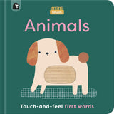 MiniTouch: Animals Touch & Feel First Words book cover with a cute dog illustration on a green background.