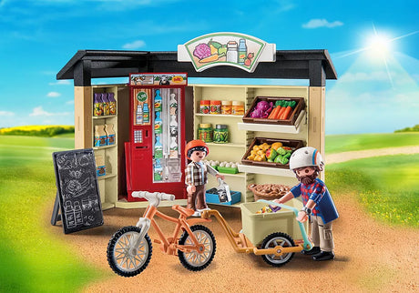 PLAYMOBIL Country | Country Farm Shop with figures, fresh produce, bike trailer, and bottle dispenser outdoors.