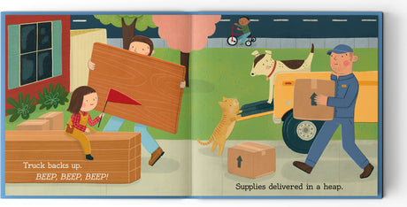 Bing Bang Pling shows a family unloading wooden boards and boxes from a truck in their backyard.