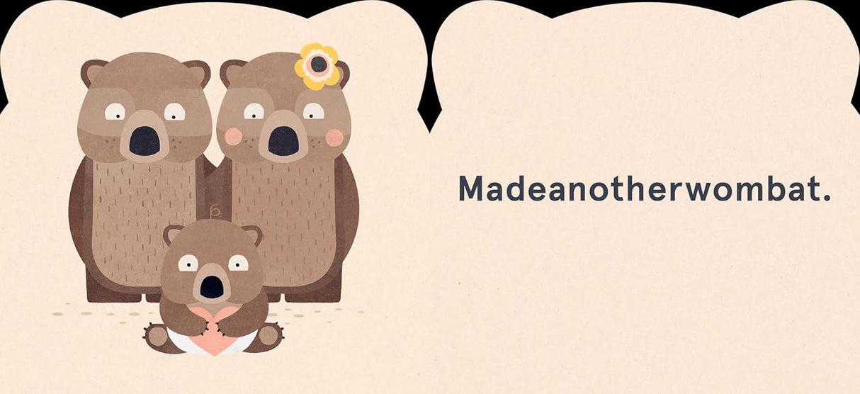 Illustration of three cartoon wombats on left page and playful text "Madeanotherwombat." on the right page of a children's book.