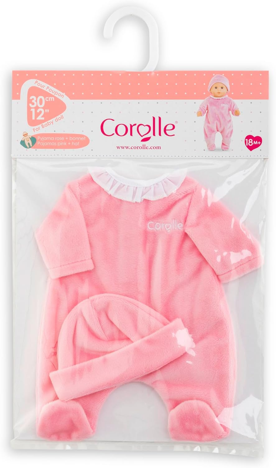 Soft pink plush sleeper with white ruffled collar and matching pink hat for 12-inch doll displayed in packaging