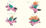 Page spread from Teeny-Weeny Unicorn's Great Big Wish showing a small pink unicorn growing wings and a flower bud.