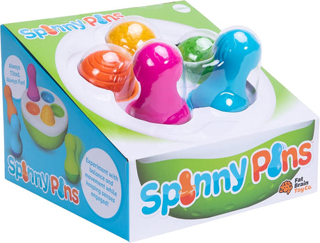 SpinnyPins sensory toy with colorful textured pins and wobbly bowl for motor skills and exploration.