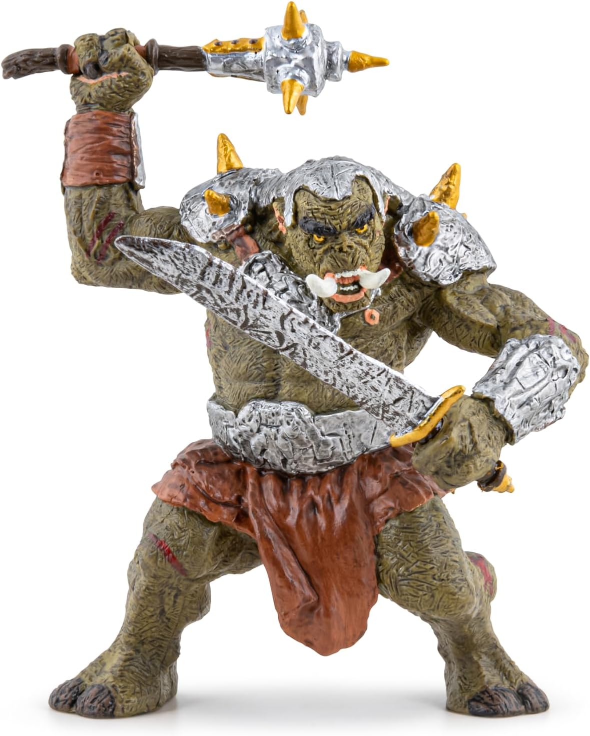 Giant ork warrior figure holding a large saber and spiked mace wearing silver armor and brown loincloth ready for battle