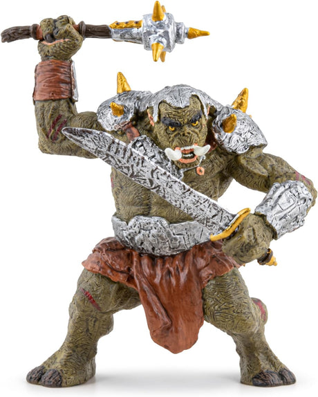 Giant ork warrior figure holding a large saber and spiked mace wearing silver armor and brown loincloth ready for battle