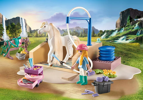 Horses of Waterfall | Washing Station & Isabella & Lioness with grooming tools and play figure in scenic ranch setting.