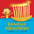 Illustration of a child excitedly looking at a banana holding nine lit candles on a blue table with red background