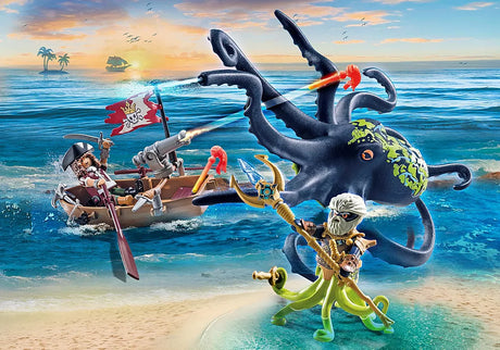 Pirates | Battle with Giant Octopus showing pirate in boat firing cannon at kraken and giant octopus in sea battle.