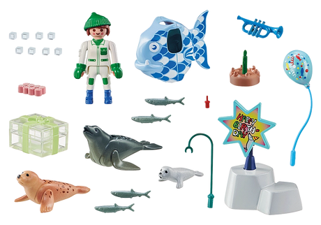 My Life | Keeper with Animals playset featuring seals, a fish-costumed keeper, birthday cake, and underwater party accessories.
