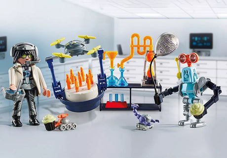 My Life | Researchers with Robots gift set showing researcher, robot, drone with cake, and lab equipment in a science lab.