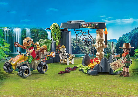 Pirates | Jungle Treasure Hunters set with adventurers, skeleton, quadbike, treasure map, spider web, and jungle ruins.