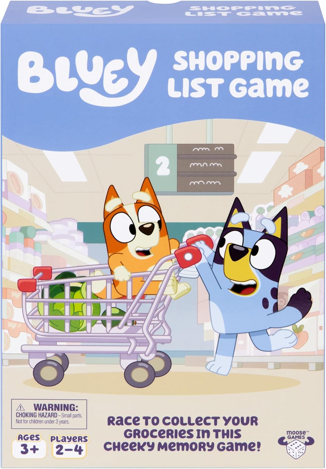 Bluey Shopping List Game box featuring Bluey characters racing shopping carts in a grocery store