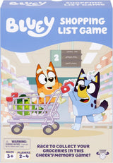 Bluey Shopping List Game box featuring Bluey characters racing shopping carts in a grocery store