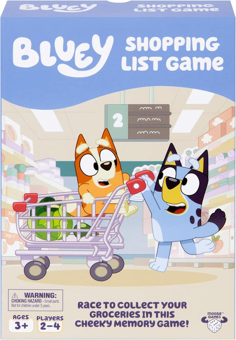 Bluey Shopping List Game box featuring Bluey characters racing shopping carts in a grocery store