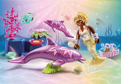 Princess Magic | Mermaid with Dolphins caring for dolphin mother and baby in a colorful underwater playset scene.