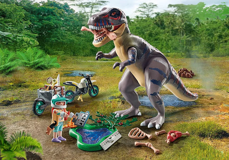 Dinos | T-Rex with Dino Chaser set featuring a T-Rex, researcher with motorcycle, dino bones, and footprint.