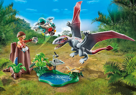 Dinos | Observatory for Dimorphodon with dinosaur figure, drone, researcher, microscope, and pond playset outdoors.