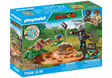 Dinos | Stegosaurus Nest with Egg Thief playset showing dinosaur egg, Velociraptor, researcher figure, and baby Stegosaurus.