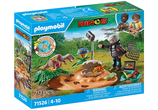 Dinos | Stegosaurus Nest with Egg Thief playset showing dinosaur egg, Velociraptor, researcher figure, and baby Stegosaurus.