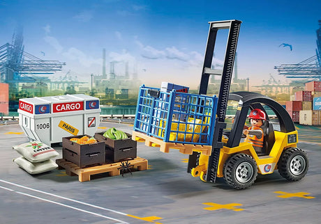 Action Heroes | Forklift Truck with Cargo moving crates and cargo at the harbor in a detailed playset scene.