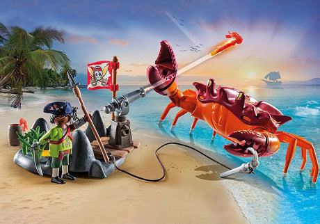 Pirates | Battle with Giant Crab shows a pirate using a cannon and harpoon to fight a giant crab on the beach.