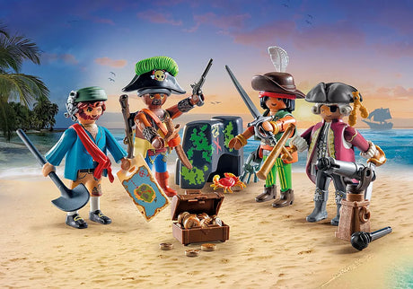 Pirates | My Figures: Pirates with colorful movable parts, treasure chest, and pirate accessories on a beach at sunset.