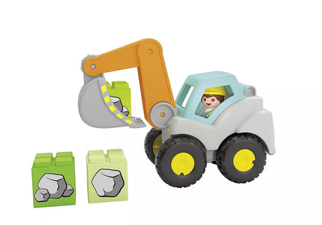 Junior Shovel Excavator toy with movable arm and building blocks for imaginative construction play.