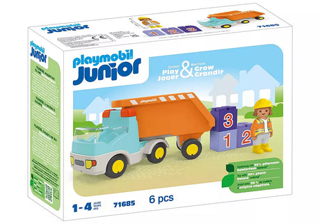 Junior Dump Truck toy with detachable dump bed, construction worker figure, and three numbered stackable stones.