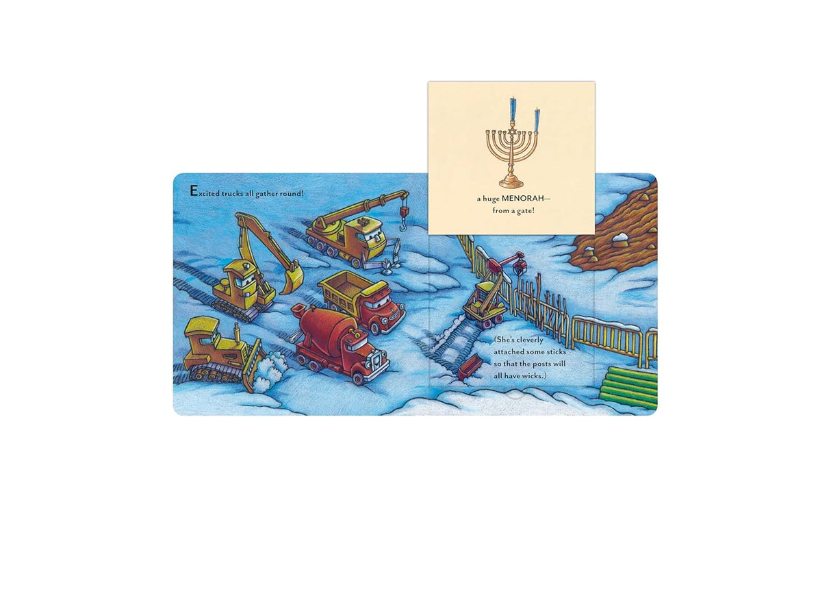 Illustration of construction vehicles lighting a menorah on a snowy construction site in a festive children's board book.