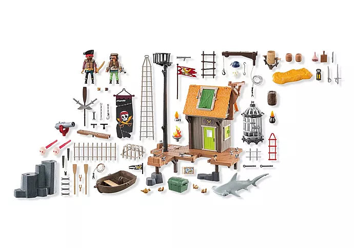Pirates | Pirate Harbor playset with guardhouse, cage, pirate figures, shark, weapons, and accessories for imaginative play.