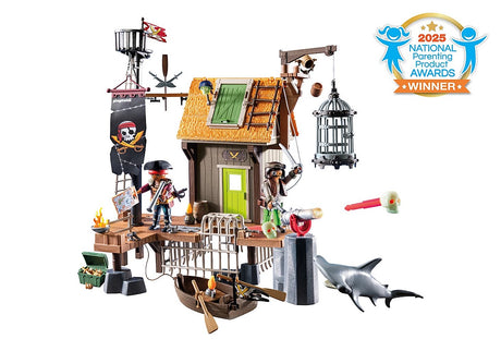 Pirates | Pirate Harbor with pirate figures, harbor building, cage, cannon, and shark for imaginative play.