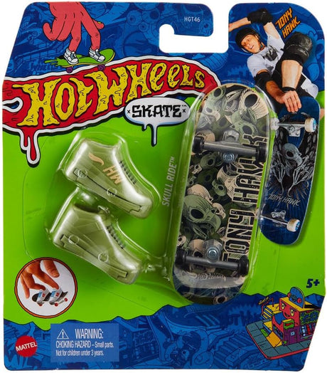 Hot Wheels Skateboard & Shoes with Skull Ride design and mini green skates, perfect for ages 5 and up.
