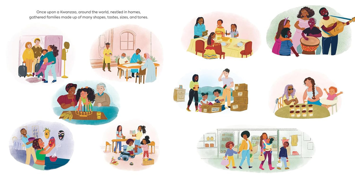 Illustrations of diverse families celebrating Kwanzaa with traditions, unity, and shared moments in various home settings.